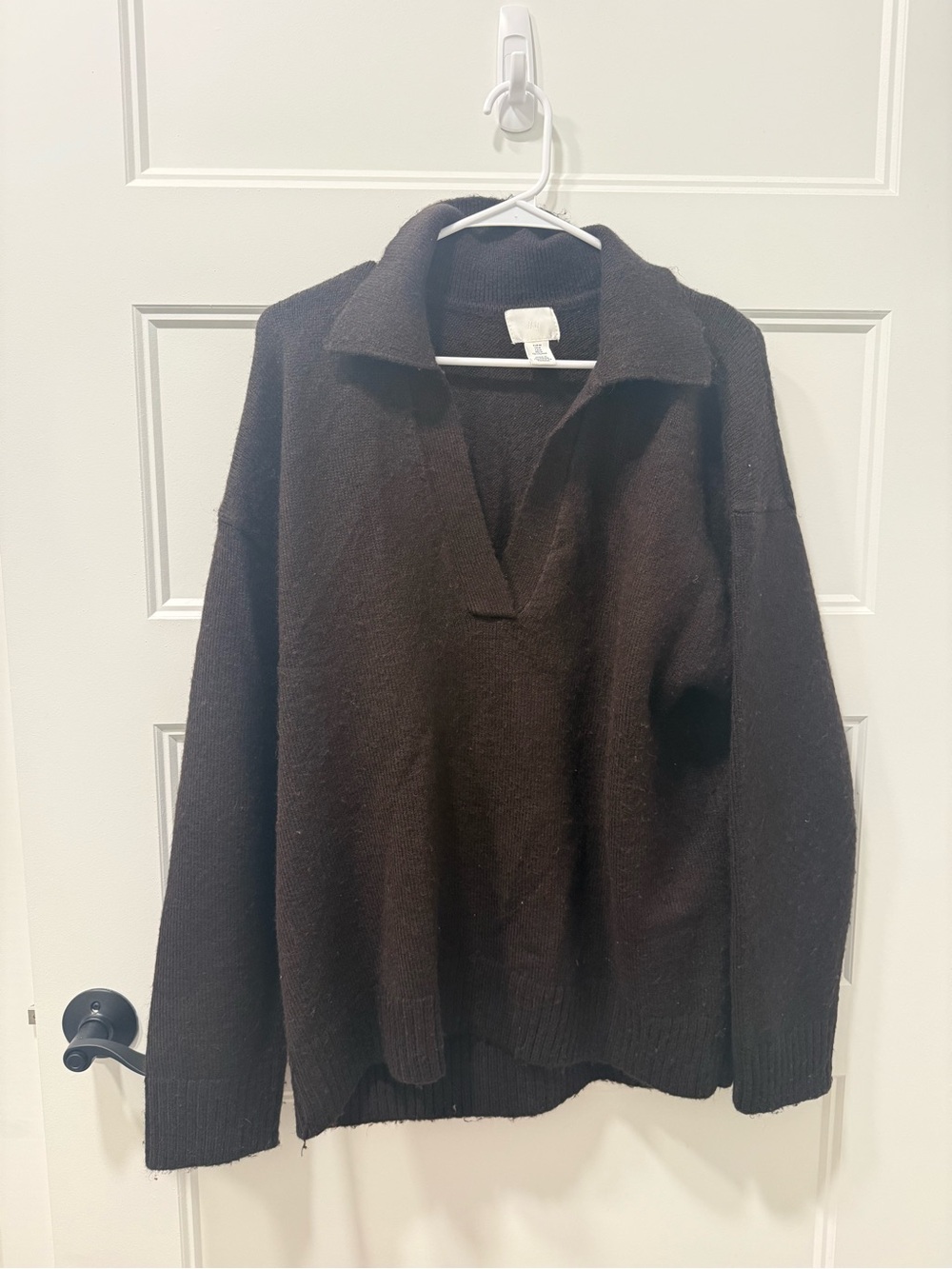 H&M Brown V-Neck Knit Sweater with Polo Collar